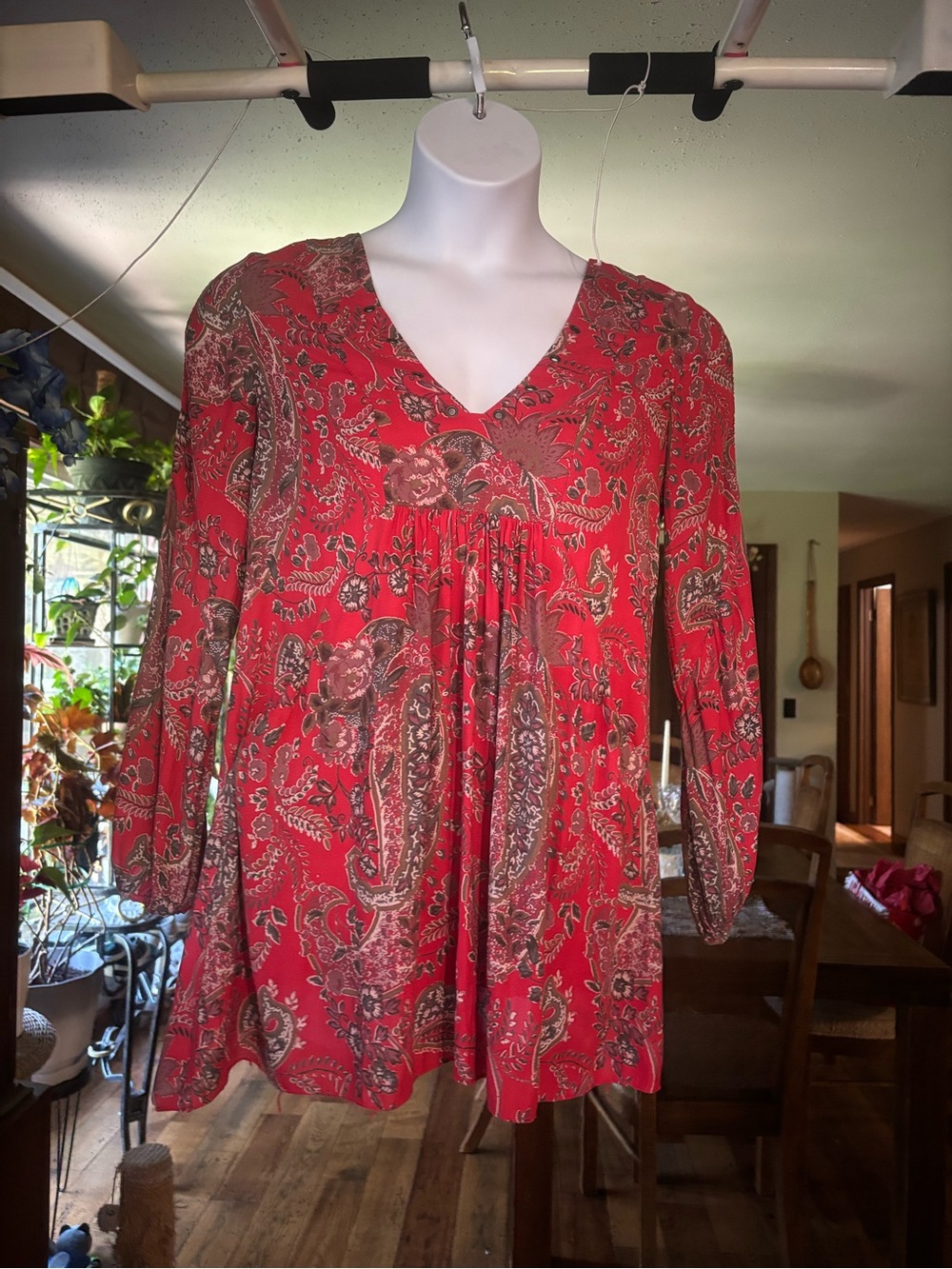 Free People Women’s Red Paisley V-Neck Long-Sleeve Tunic Dress Size X-Small